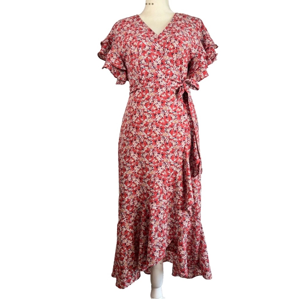 Max Studio High Low Ruffle Wrap Dress Women Small Floral Crepe Midi Terracotta